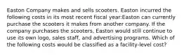 Easton Company makes and sells scooters. Easton incurred the following costs in its most recent fiscal year:Easton can currently purchase the scooters it makes from another company. If the company purchases the scooters, Easton would still continue to use its own logo, sales staff, and advertising programs. Which of the following costs would be classified as a facility-level cost?