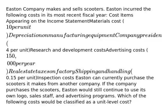 Easton Company makes and sells scooters. Easton incurred the following costs in its most recent fiscal year: Cost Items Appearing on the <a href='https://www.questionai.com/knowledge/kCPMsnOwdm-income-statement' class='anchor-knowledge'>income statement</a>Materials cost (10 per unit)Depreciation on manufacturing equipmentCompany president's salarySalaries of administrative personnelLabor cost ( 4 per unit)Research and development costsAdvertising costs (150,000 per year)Real estate taxes on factoryShipping and handling (0.15 per unit)Inspection costs Easton can currently purchase the scooters it makes from another company. If the company purchases the scooters, Easton would still continue to use its own logo, sales staff, and advertising programs. Which of the following costs would be classified as a unit-level cost?