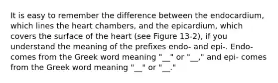 It is easy to remember the difference between the endocardium, which lines the heart chambers, and the epicardium, which covers the surface of the heart (see Figure 13-2), if you understand the meaning of the prefixes endo- and epi-. Endo- comes from the Greek word meaning "__" or "__," and epi- comes from the Greek word meaning "__" or "__."