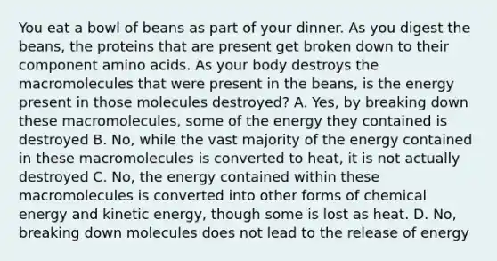 You eat a bowl of beans as part of your dinner. As you digest the beans, the proteins that are present get broken down to their component amino acids. As your body destroys the macromolecules that were present in the beans, is the energy present in those molecules destroyed? A. Yes, by breaking down these macromolecules, some of the energy they contained is destroyed B. No, while the vast majority of the energy contained in these macromolecules is converted to heat, it is not actually destroyed C. No, the energy contained within these macromolecules is converted into other forms of chemical energy and kinetic energy, though some is lost as heat. D. No, breaking down molecules does not lead to the release of energy