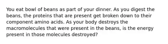 You eat bowl of beans as part of your dinner. As you digest the beans, the proteins that are present get broken down to their component amino acids. As your body destroys the macromolecules that were present in the beans, is the energy present in those molecules destroyed?