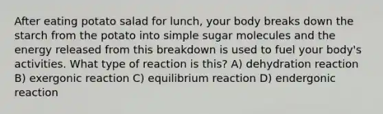 After eating potato salad for lunch, your body breaks down the starch from the potato into simple sugar molecules and the energy released from this breakdown is used to fuel your body's activities. What type of reaction is this? A) dehydration reaction B) exergonic reaction C) equilibrium reaction D) endergonic reaction