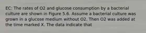 EC: The rates of O2 and glucose consumption by a bacterial culture are shown in Figure 5.6. Assume a bacterial culture was grown in a glucose medium without O2. Then O2 was added at the time marked X. The data indicate that