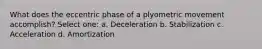 What does the eccentric phase of a plyometric movement accomplish? Select one: a. Deceleration b. Stabilization c. Acceleration d. Amortization