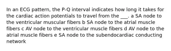 In an ECG pattern, the P-Q interval indicates how long it takes for the cardiac action potentials to travel from the ___. a SA node to the ventricular muscular fibers b SA node to the atrial muscle fibers c AV node to the ventricular muscle fibers d AV node to the atrial muscle fibers e SA node to the subendocardiac conducting network