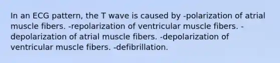 In an ECG pattern, the T wave is caused by -polarization of atrial muscle fibers. -repolarization of ventricular muscle fibers. -depolarization of atrial muscle fibers. -depolarization of ventricular muscle fibers. -defibrillation.