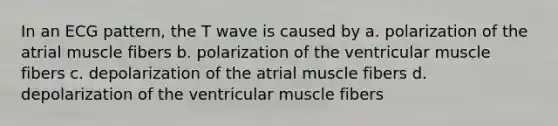 In an ECG pattern, the T wave is caused by a. polarization of the atrial muscle fibers b. polarization of the ventricular muscle fibers c. depolarization of the atrial muscle fibers d. depolarization of the ventricular muscle fibers