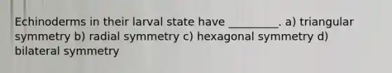 Echinoderms in their larval state have _________. a) triangular symmetry b) radial symmetry c) hexagonal symmetry d) bilateral symmetry