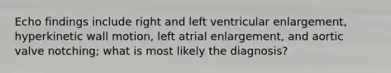 Echo findings include right and left ventricular enlargement, hyperkinetic wall motion, left atrial enlargement, and aortic valve notching; what is most likely the diagnosis?