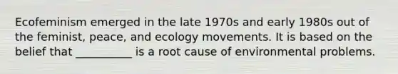 Ecofeminism emerged in the late 1970s and early 1980s out of the feminist, peace, and ecology movements. It is based on the belief that __________ is a root cause of environmental problems.