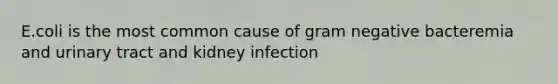 E.coli is the most common cause of gram negative bacteremia and urinary tract and kidney infection