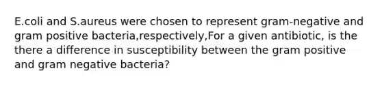 E.coli and S.aureus were chosen to represent gram-negative and gram positive bacteria,respectively,For a given antibiotic, is the there a difference in susceptibility between the gram positive and gram negative bacteria?