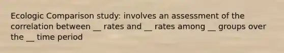 Ecologic Comparison study: involves an assessment of the correlation between __ rates and __ rates among __ groups over the __ time period