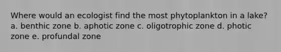 Where would an ecologist find the most phytoplankton in a lake? a. benthic zone b. aphotic zone c. oligotrophic zone d. photic zone e. profundal zone