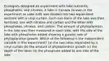 Ecologists designed an experiment with lake nutrients, phosphates, and nitrates. A lake in Canada (known in the experiment as Lake 226) was divided into two equal-sized sections with a vinyl curtain. Each sub-basin of the lake was then fertilized, one with nitrates and carbon and the other with phosphates, nitrates, and carbon. The amount of phytoplankton in the lake was then measured in each side, with the side of the lake with phosphates added showing a greater rate of phytoplankton growth. Which of the following is the independent variable in this experiment? (a) the two lakes separated by a vinyl curtain (b) the amount of phytoplankton growth (c) the depth of the lakes (d) the phosphate added to one side of the lake