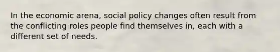 In the economic arena, social policy changes often result from the conflicting roles people find themselves in, each with a different set of needs.