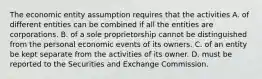 The economic entity assumption requires that the activities A. of different entities can be combined if all the entities are corporations. B. of a sole proprietorship cannot be distinguished from the personal economic events of its owners. C. of an entity be kept separate from the activities of its owner. D. must be reported to the Securities and Exchange Commission.