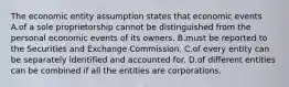 The economic entity assumption states that economic events A.of a sole proprietorship cannot be distinguished from the personal economic events of its owners. B.must be reported to the Securities and Exchange Commission. C.of every entity can be separately identified and accounted for. D.of different entities can be combined if all the entities are corporations.