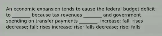 An economic expansion tends to cause the federal budget deficit to ________ because tax revenues ________ and government spending on transfer payments ________. increase; fall; rises decrease; fall; rises increase; rise; falls decrease; rise; falls