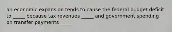 an economic expansion tends to cause the federal budget deficit to _____ because tax revenues _____ and government spending on transfer payments _____