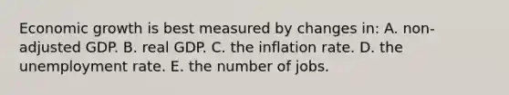 Economic growth is best measured by changes in: A. non-adjusted GDP. B. real GDP. C. the inflation rate. D. the <a href='https://www.questionai.com/knowledge/kh7PJ5HsOk-unemployment-rate' class='anchor-knowledge'>unemployment rate</a>. E. the number of jobs.