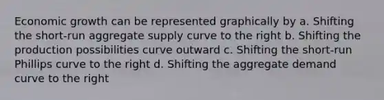 Economic growth can be represented graphically by a. Shifting the short-run aggregate supply curve to the right b. Shifting the production possibilities curve outward c. Shifting the short-run Phillips curve to the right d. Shifting the aggregate demand curve to the right