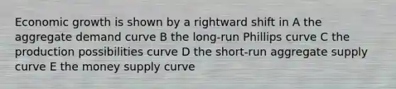 Economic growth is shown by a rightward shift in A the aggregate demand curve B the long-run Phillips curve C the production possibilities curve D the short-run aggregate supply curve E the money supply curve