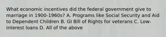 What economic incentives did the federal government give to marriage in 1900-1960s? A. Programs like Social Security and Aid to Dependent Children B. GI Bill of Rights for veterans C. Low-interest loans D. All of the above