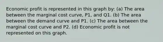 Economic profit is represented in this graph by: (a) The area between the marginal cost curve, P1, and Q1. (b) The area between the demand curve and P1. (c) The area between the marginal cost curve and P2. (d) Economic profit is not represented on this graph.