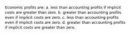 ​Economic profits are: a. ​less than accounting profits if implicit costs are greater than zero. b. ​greater than accounting profits even if implicit costs are zero. c. ​less than accounting profits even if implicit costs are zero. d. ​greater than accounting profits if implicit costs are greater than zero.