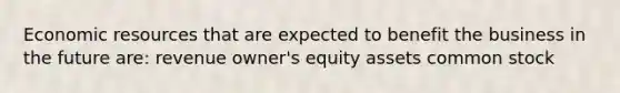 Economic resources that are expected to benefit the business in the future are: revenue owner's equity assets common stock