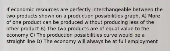 If economic resources are perfectly interchangeable between the two products shown on a production possibilities graph, A) More of one product can be produced without producing less of the other product B) The two products are of equal value to the economy C) The production possibilities curve would be a straight line D) The economy will always be at full employment