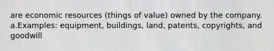 are economic resources (things of value) owned by the company. ​a.​Examples: equipment, buildings, land, patents, copyrights, and goodwill