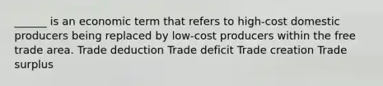 ______ is an economic term that refers to high-cost domestic producers being replaced by low-cost producers within the free trade area. Trade deduction Trade deficit Trade creation Trade surplus