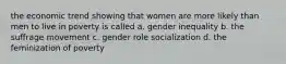 the economic trend showing that women are more likely than men to live in poverty is called a. gender inequality b. the suffrage movement c. gender role socialization d. the feminization of poverty