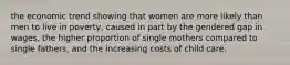 the economic trend showing that women are more likely than men to live in poverty, caused in part by the gendered gap in wages, the higher proportion of single mothers compared to single fathers, and the increasing costs of child care.