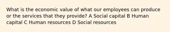 What is the economic value of what our employees can produce or the services that they provide? A Social capital B Human capital C Human resources D Social resources