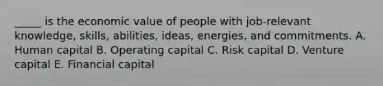 _____ is the economic value of people with job-relevant knowledge, skills, abilities, ideas, energies, and commitments. A. Human capital B. Operating capital C. Risk capital D. Venture capital E. Financial capital