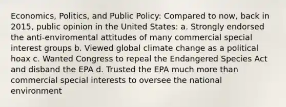 Economics, Politics, and Public Policy: Compared to now, back in 2015, public opinion in the United States: a. Strongly endorsed the anti-enviromental attitudes of many commercial special interest groups b. Viewed global climate change as a political hoax c. Wanted Congress to repeal the Endangered Species Act and disband the EPA d. Trusted the EPA much <a href='https://www.questionai.com/knowledge/keWHlEPx42-more-than' class='anchor-knowledge'>more than</a> commercial special interests to oversee the national environment