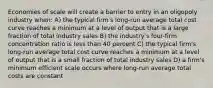 Economies of scale will create a barrier to entry in an oligopoly industry when: A) the typical firm's long-run average total cost curve reaches a minimum at a level of output that is a large fraction of total industry sales B) the industry's four-firm concentration ratio is less than 40 percent C) the typical firm's long-run average total cost curve reaches a minimum at a level of output that is a small fraction of total industry sales D) a firm's minimum efficient scale occurs where long-run average total costs are constant