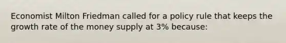 Economist Milton Friedman called for a policy rule that keeps the growth rate of the money supply at 3% because: