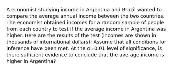 A economist studying income in Argentina and Brazil wanted to compare the average annual income between the two countries. The economist obtained incomes for a random sample of people from each country to test if the average income in Argentina was higher. Here are the results of the test (incomes are shown in thousands of international dollars): Assume that all conditions for inference have been met. At the α=0.01 level of significance, is there sufficient evidence to conclude that the average income is higher in Argentina?