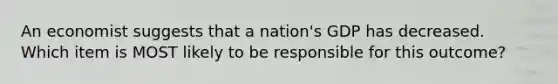 An economist suggests that a nation's GDP has decreased. Which item is MOST likely to be responsible for this outcome?