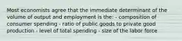 Most economists agree that the immediate determinant of the volume of output and employment is the: - composition of consumer spending - ratio of public goods to private good production - level of total spending - size of the labor force