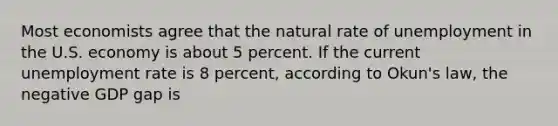 Most economists agree that the natural rate of unemployment in the U.S. economy is about 5 percent. If the current unemployment rate is 8 percent, according to Okun's law, the negative GDP gap is