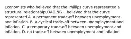 Economists who believed that the Phillips curve represented a structural relationshipLOADING... believed that the curve represented A. a permanent​ trade-off between unemployment and inflation. B. a cyclical​ trade-off between unemployment and inflation. C. a temporary​ trade-off between unemployment and inflation. D. no​ trade-off between unemployment and inflation.