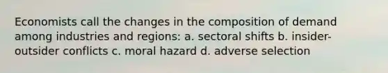 Economists call the changes in the composition of demand among industries and regions: a. sectoral shifts b. insider-outsider conflicts c. moral hazard d. adverse selection