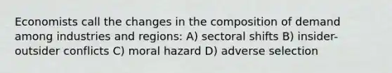 Economists call the changes in the composition of demand among industries and regions: A) sectoral shifts B) insider-outsider conflicts C) moral hazard D) adverse selection