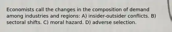 Economists call the changes in the composition of demand among industries and regions: A) insider-outsider conflicts. B) sectoral shifts. C) moral hazard. D) adverse selection.