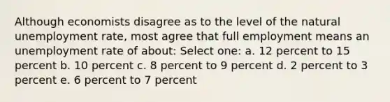 Although economists disagree as to the level of the natural unemployment rate, most agree that full employment means an unemployment rate of about: Select one: a. 12 percent to 15 percent b. 10 percent c. 8 percent to 9 percent d. 2 percent to 3 percent e. 6 percent to 7 percent